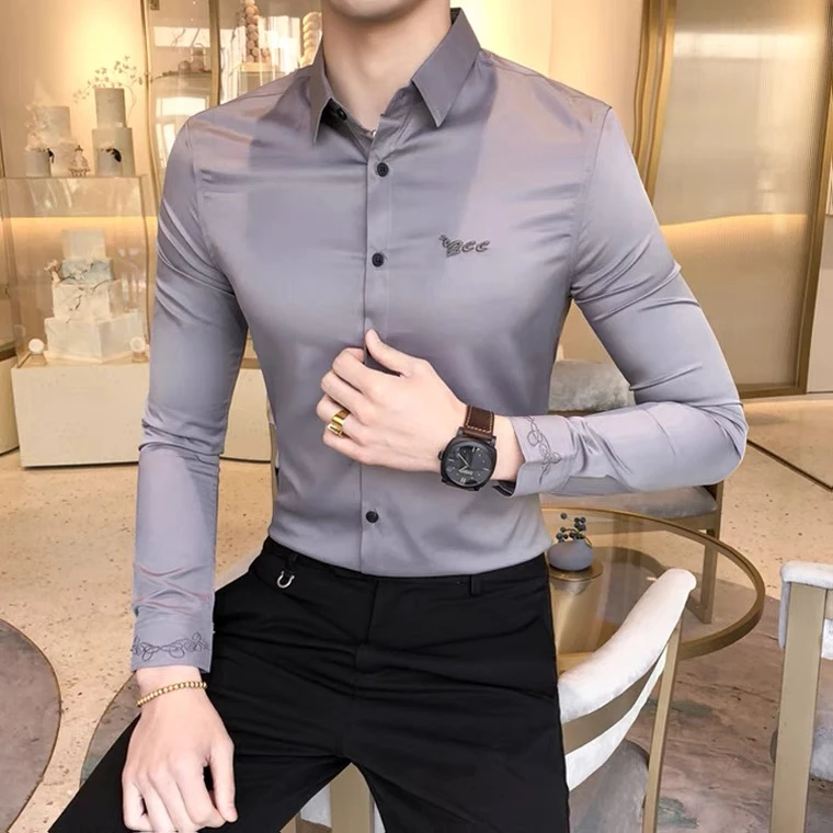 秋季男士衬衫修身韩版潮流帅气百搭痞帅商务正装休闲刺绣长袖衬衫