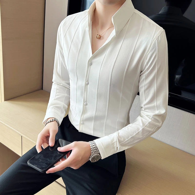 夏季新款V领条纹长袖衬衫男士韩版修身高级痞帅一片领衬衣男潮牌