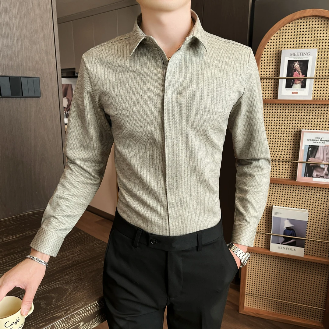 拉链扣毛呢衬衫长袖男士秋冬季新款商务休闲加厚修身磨毛衬衣外套