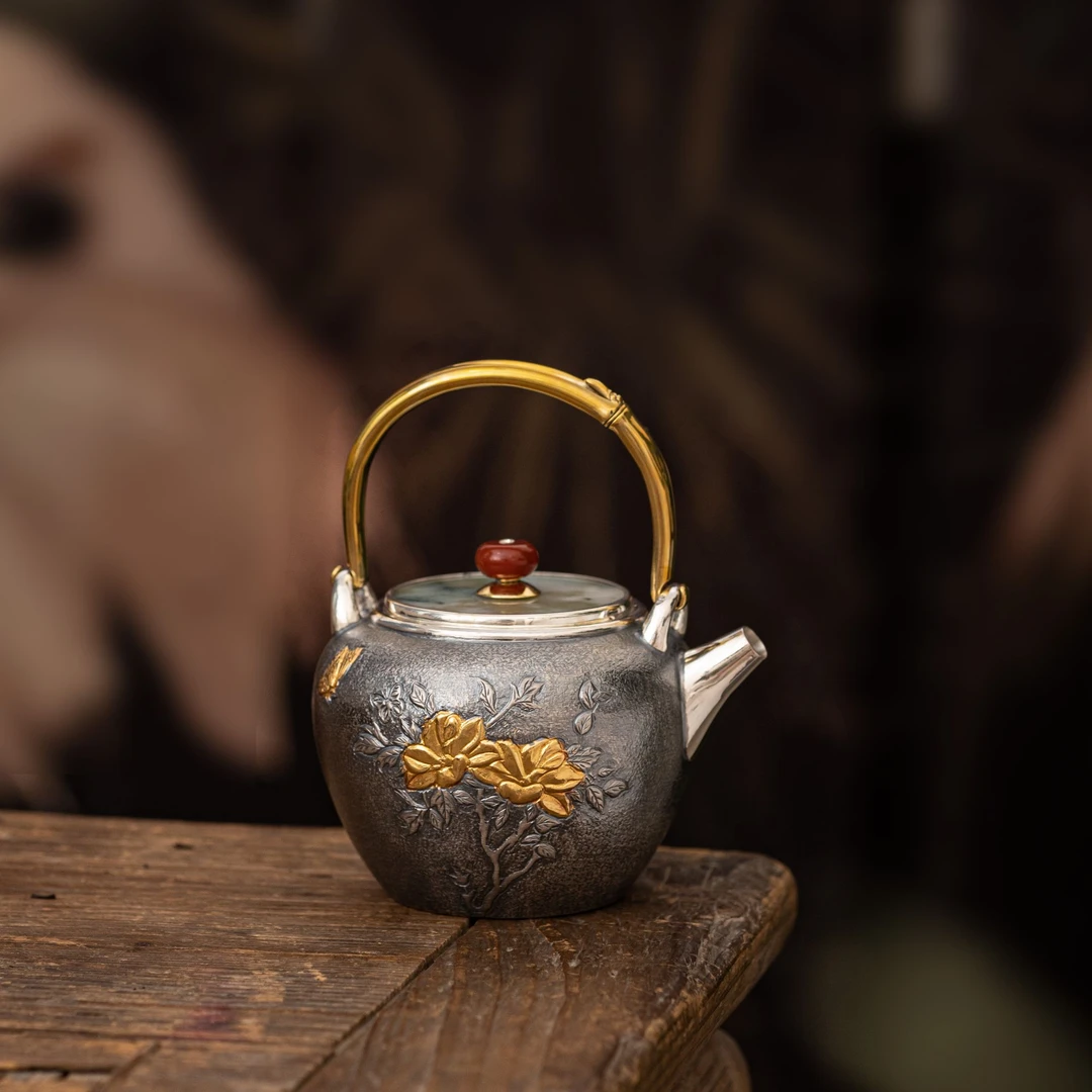 蜂鸟工坊黄铜竹节把熏银 金山茶花 蝴蝶 提梁小壶 FNN1079