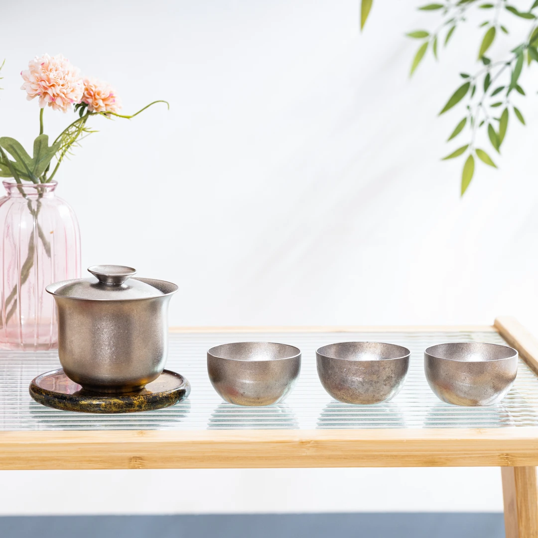 当代 茶周边 冰花-130ml钛盖碗+3个茶杯（银色）茶道器具  TYD019