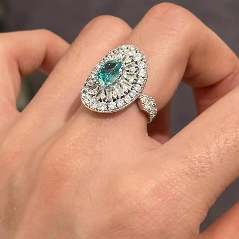 PRETTY&NA 925银合成锆石戒指 气质轻奢时尚帕拉伊巴镶嵌满钻银戒