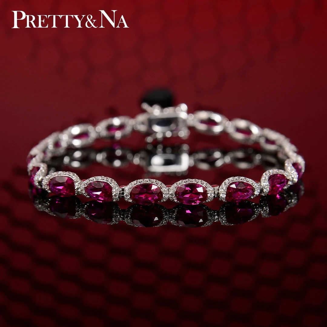 PRETTY&NA 925银合成锆石手链 高级豪华弧形椭圆形祖绿轻奢银手链