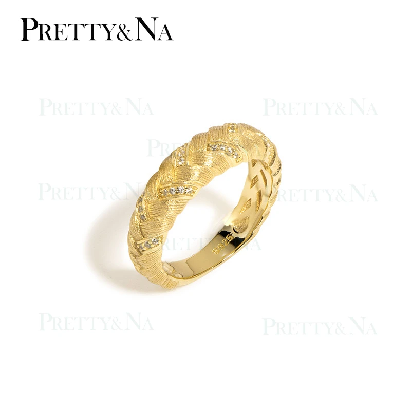 PRETTY&NA 925银合成锆石戒指 气质轻奢拉丝复古小众欧美金色银戒