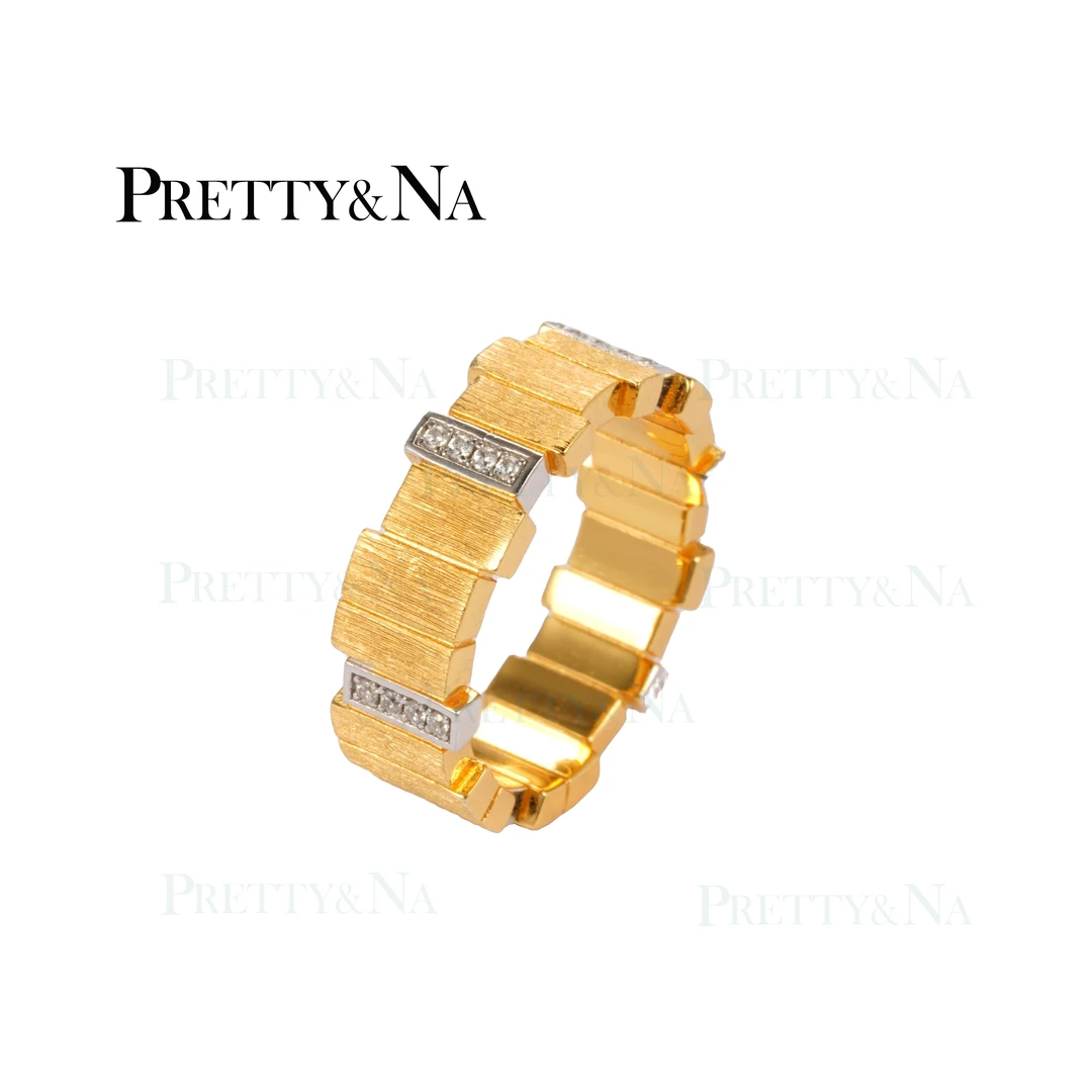 PRETTY&NA 925银合成锆石戒指 时尚复古欧美个性金色镶嵌中古银戒