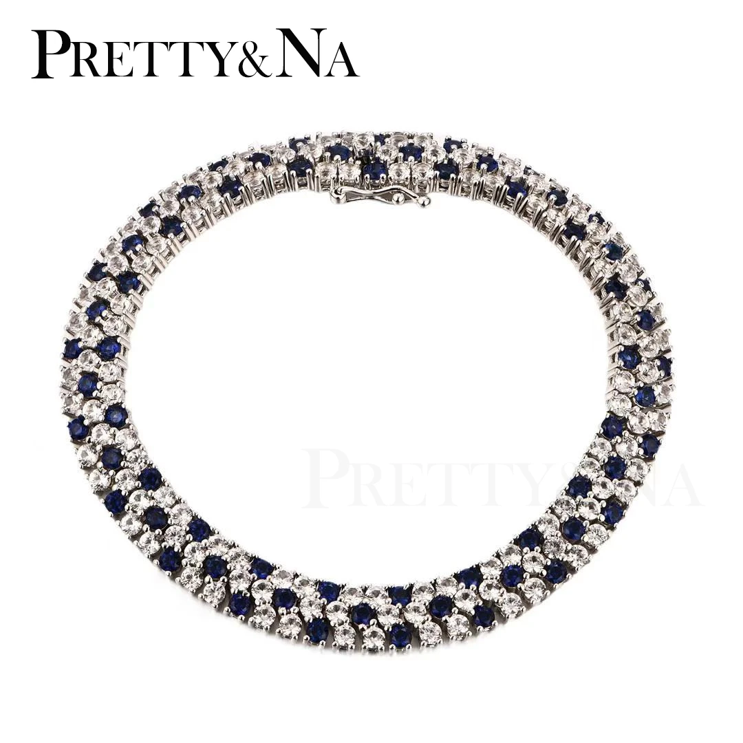 PRETTY&NA 925银合成锆石手链 设计师气质蓝色百搭欧美满钻银手链
