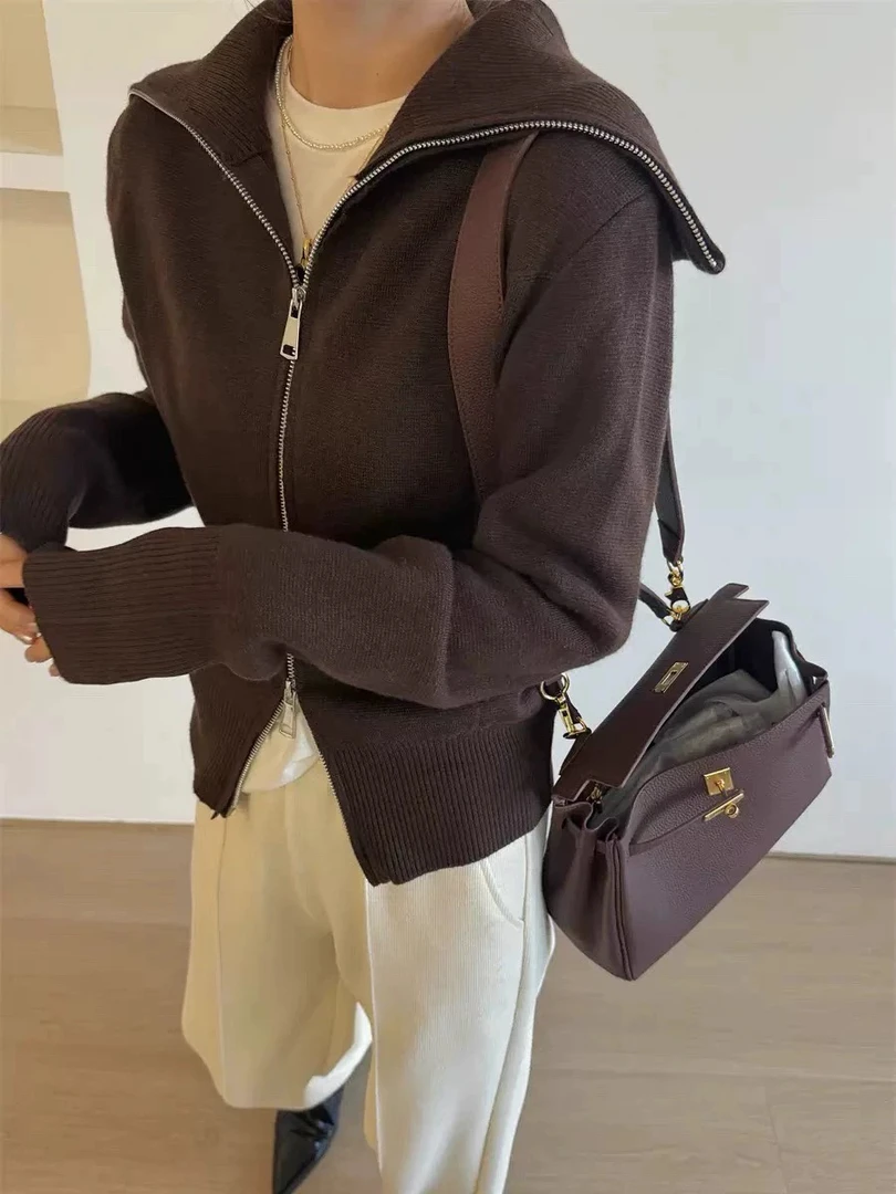 源头工厂25秋季新款欧货女韩版时尚休闲翻领拉链羊毛针织开衫毛衣