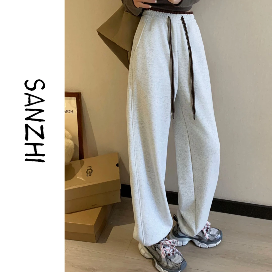 素R秋冬加绒加厚撞色拼腰抽绳收脚卫裤男女情侣