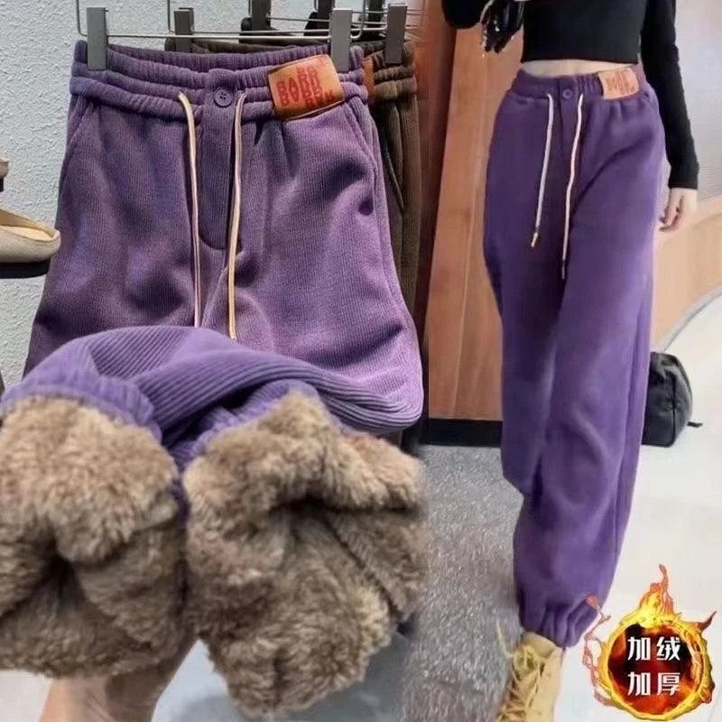 新品羊羔毛女裤加绒加厚秋冬款宽松百搭休闲裤保暖哈伦卫裤潮