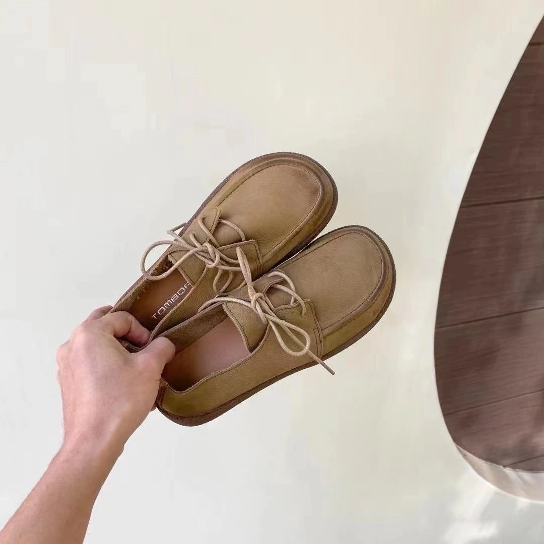 全牛皮系带单鞋舒适真皮复古平底低帮圆头百搭女士软底平底低帮