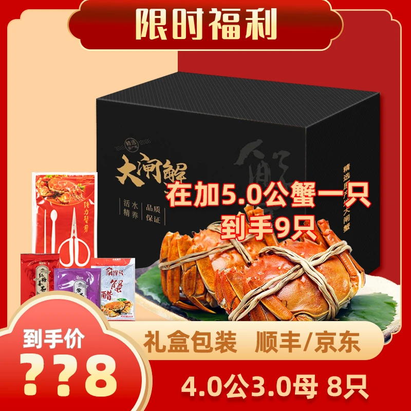 【活蟹】4.0两公+3.0两母4对 加送共9只 精品大闸蟹   礼盒装 顺丰