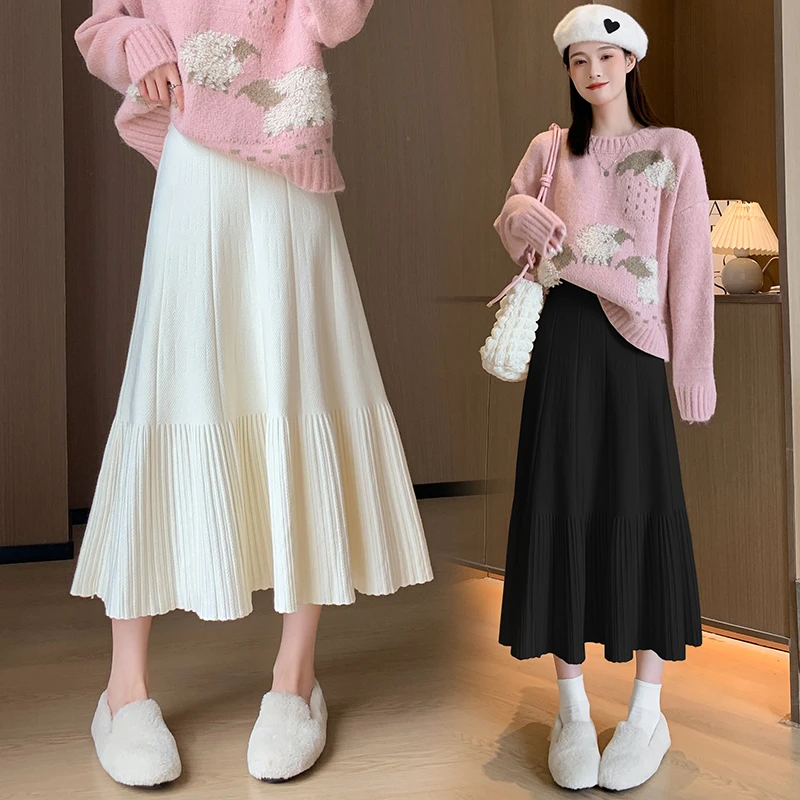 秋冬新款厚款针织半身裙女高腰松紧腰大摆A字裙显瘦中长款