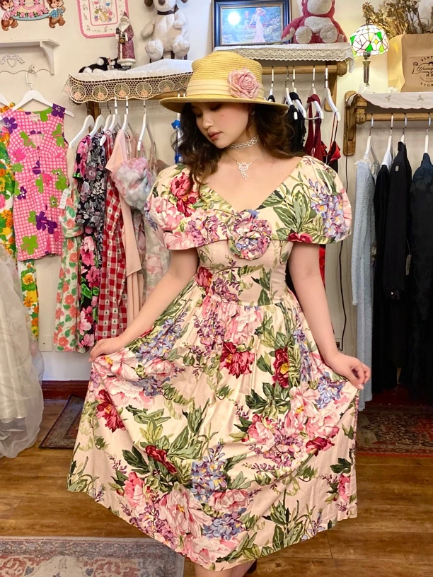 Vintage 茶歇超绝披肩领古董花柄裙