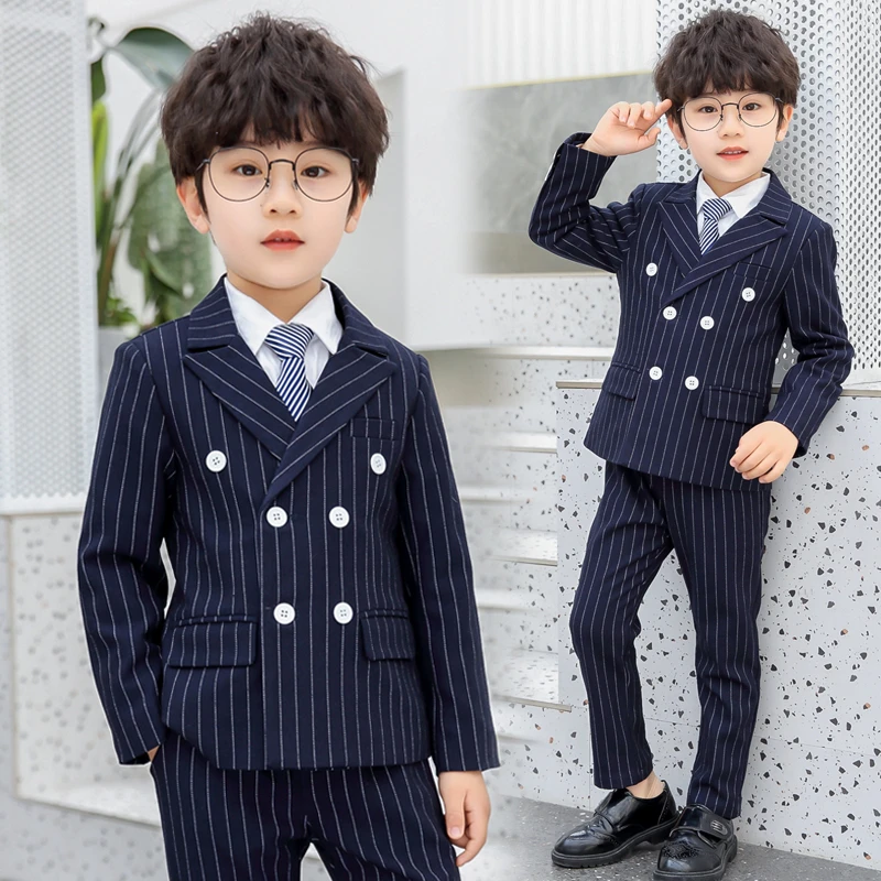 花童小西装男童春秋礼服儿童西装套装条纹帅气正装英伦西服三件套