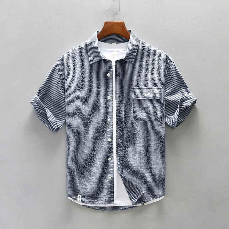 男士夏季泡泡纱条纹短袖衬衣棉百搭复古薄款宽松潮流帅气休闲衬衫