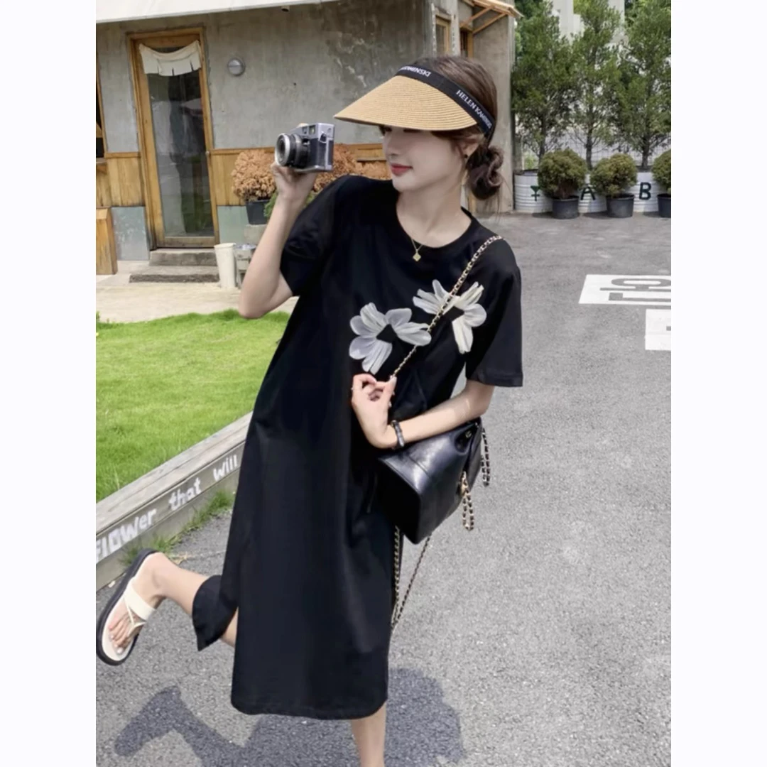 2024夏上新/高级立体花朵连衣裙女中长款显瘦T恤裙长裙