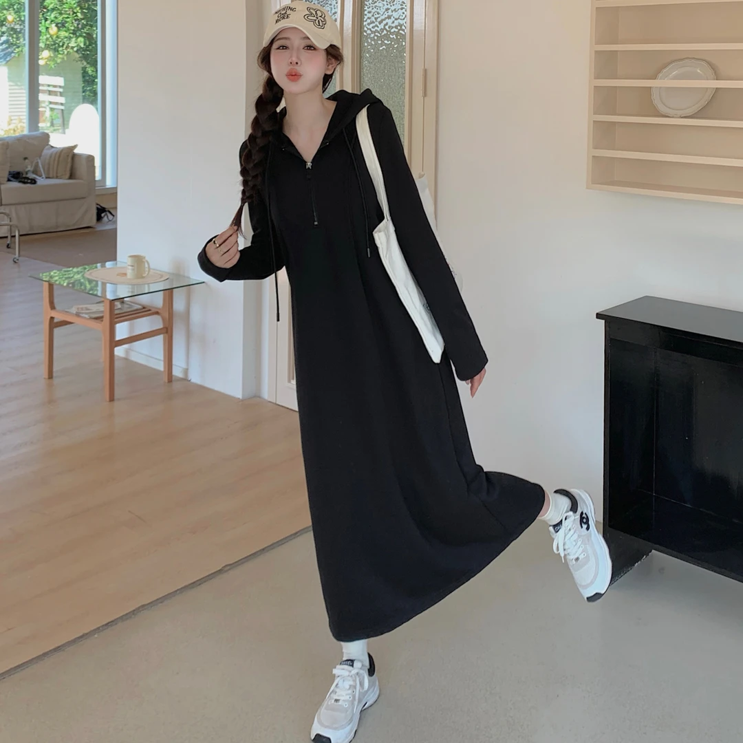 秋季新款/拉尔夫连衣裙显瘦连帽长款卫衣小黑裙女