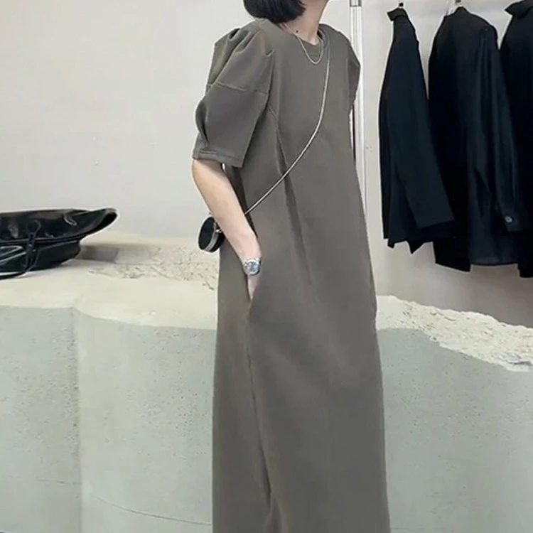 欧货咖色短袖连衣裙女夏季长款T恤裙2024年新款休闲直筒裙子
