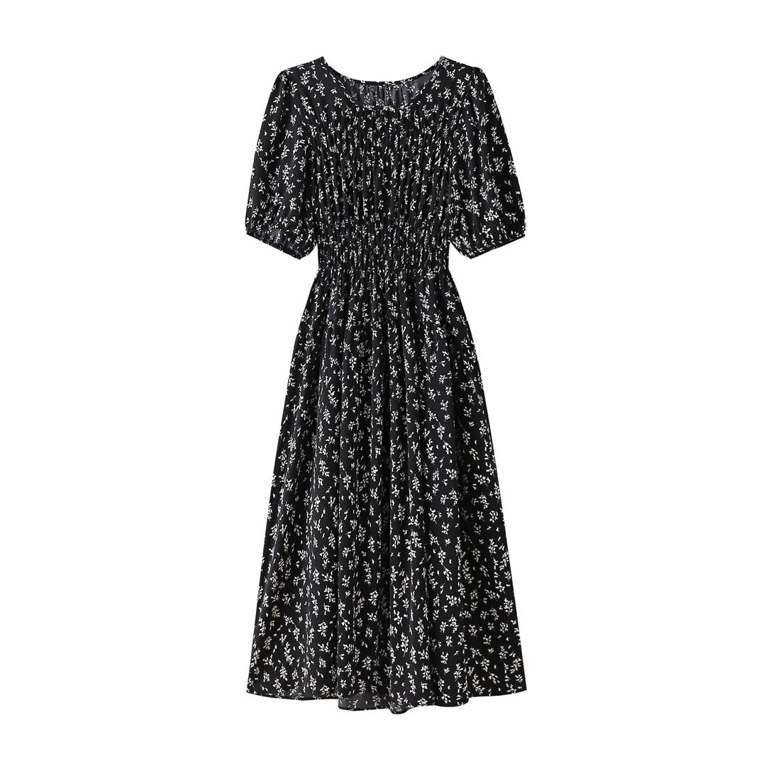 韩版大码胖mm200斤黑色碎花裙高腰收腰遮肉显瘦中长款连衣裙