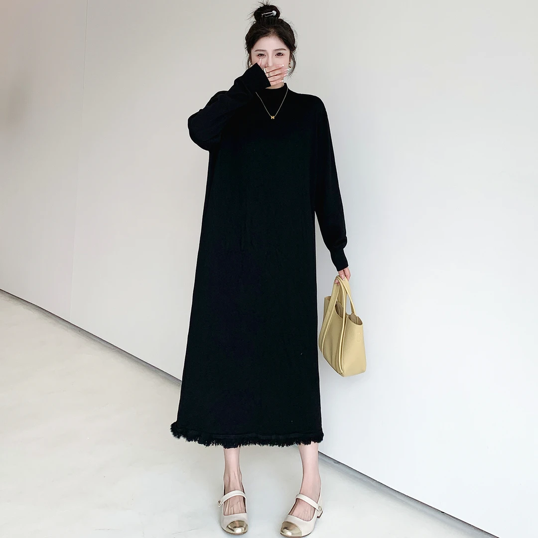 2025秋新款/流苏中领针织大码套头小黑裙大码连衣裙女黑色连衣裙