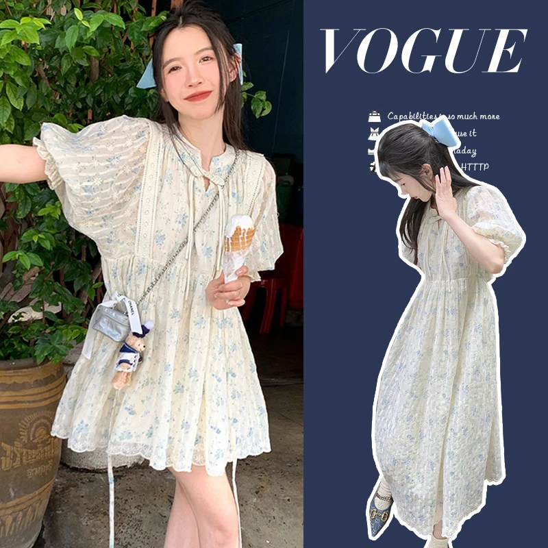 2025夏季新款气质显瘦孕妇装法式甜美刺绣小清新碎花泡泡袖连衣裙