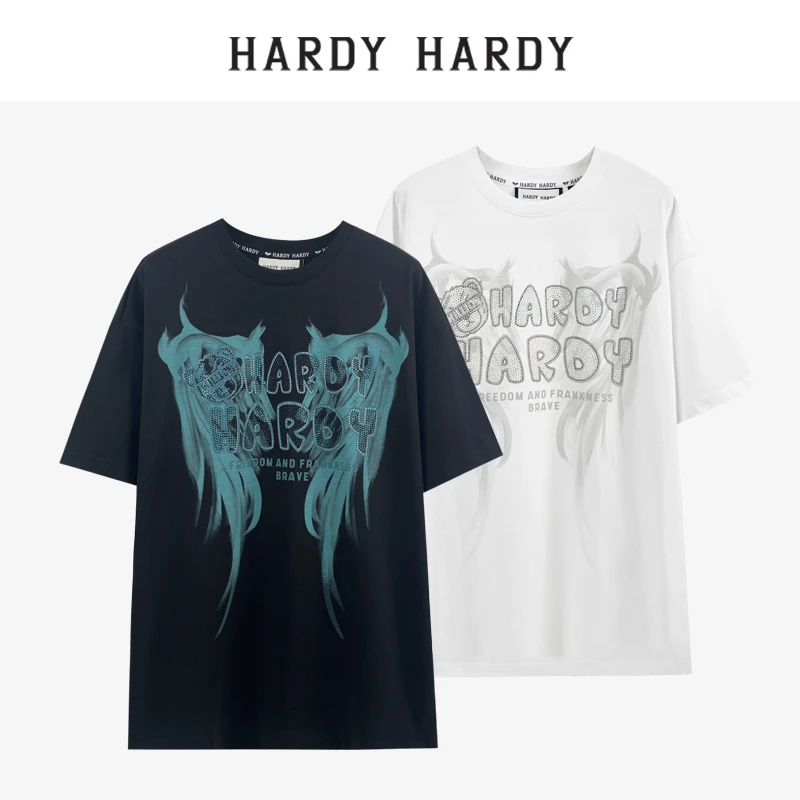HARDY HARDY2023纯棉圆领烫钻字母翅膀短袖T恤男女同款情侣体恤