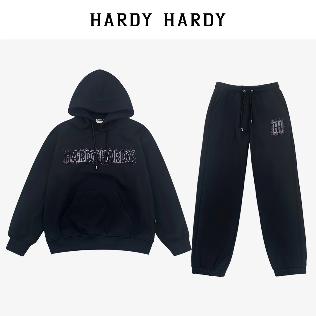 HARDY HARDY秋冬新款烫钻字母加绒连帽卫衣+卫裤子长裤情侣套装