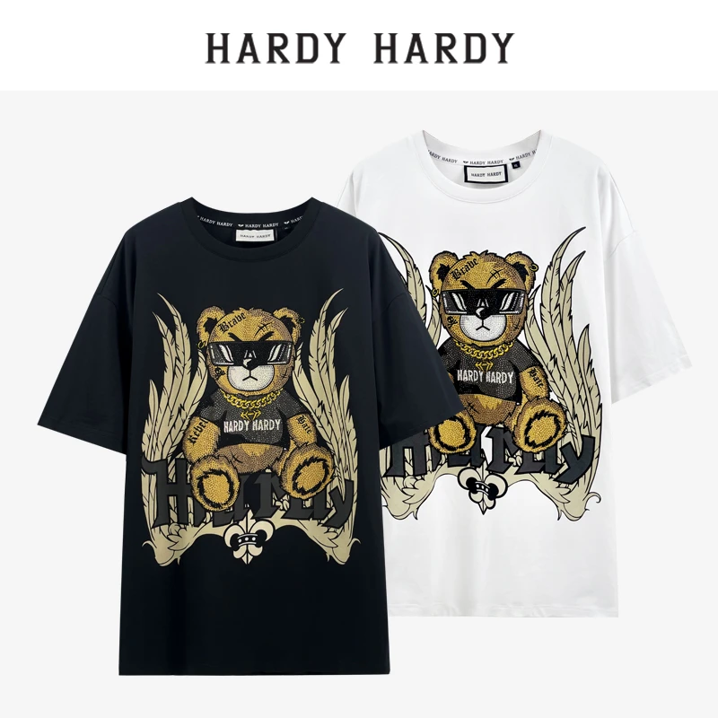 HARDY HARDY2023夏新款烫钻翅膀熊纯棉短袖T恤男女同款半袖体恤