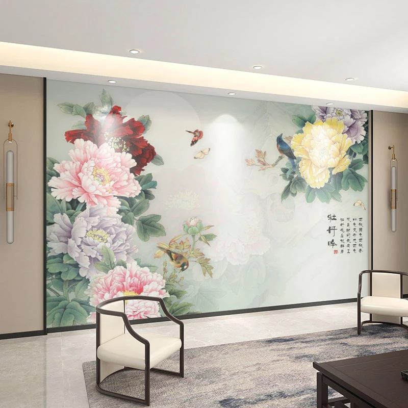 壁纸定制3d立体牡丹花背景墙客厅电视墙装饰画新中式大气墙布壁画