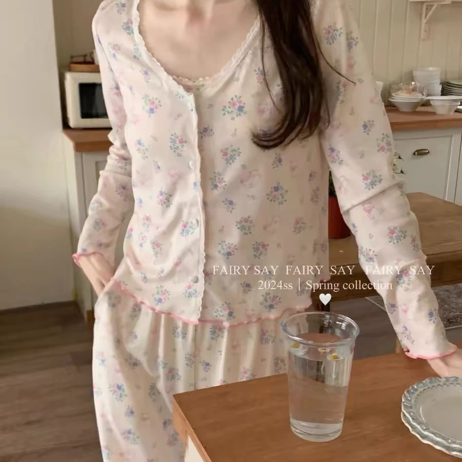 睡衣女春秋款休闲舒适透气可外穿自带胸垫家居服套甜美可爱公主风