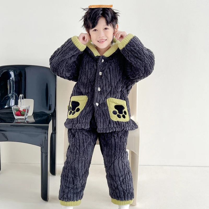 男童加厚夹棉恐龙冬季儿童睡衣法兰绒套装小孩宝宝家居服棉服外出