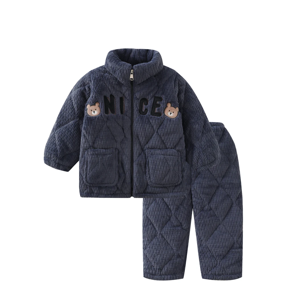 男童冬季拉链三层加厚夹棉儿童睡衣时尚加绒保暖立领法兰绒套装