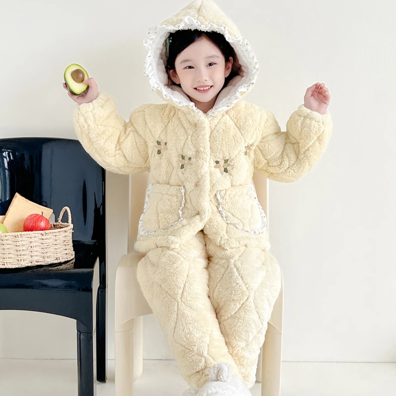 女童冬款加厚加绒三层夹棉连帽可爱家居服套装保暖宝宝儿童睡衣