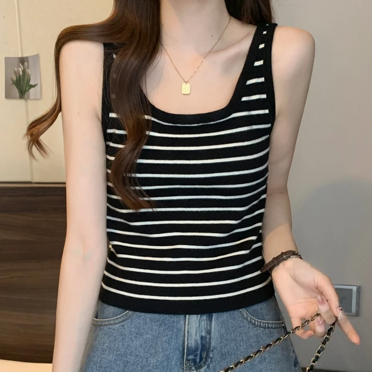 大码条纹吊带背心女夏外穿胖mm遮副乳显瘦无袖打底冰丝针织衫上衣