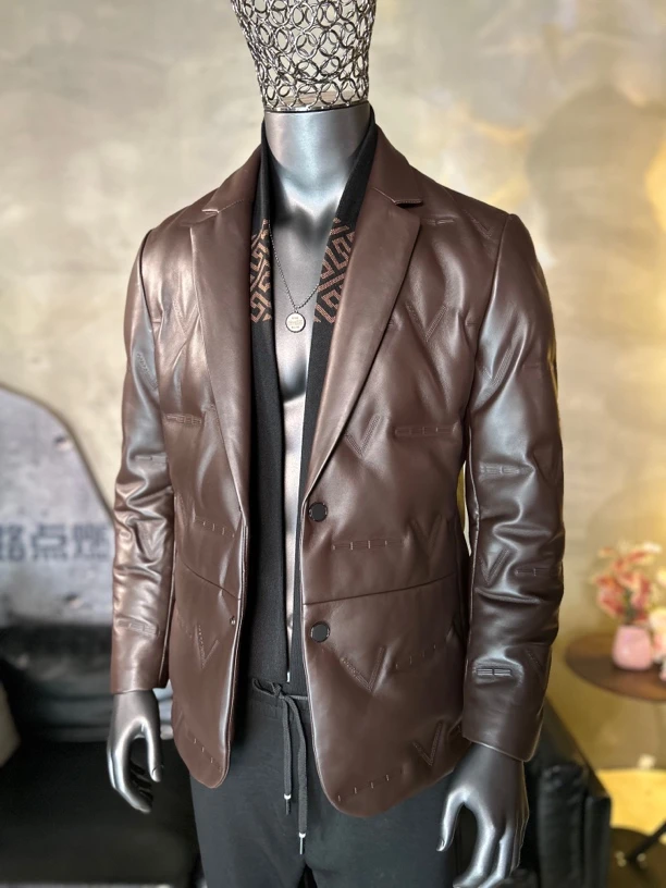 轻奢男士真皮皮衣羽绒服可拆卸围巾西装领绵羊皮夹克大衣外套冬季