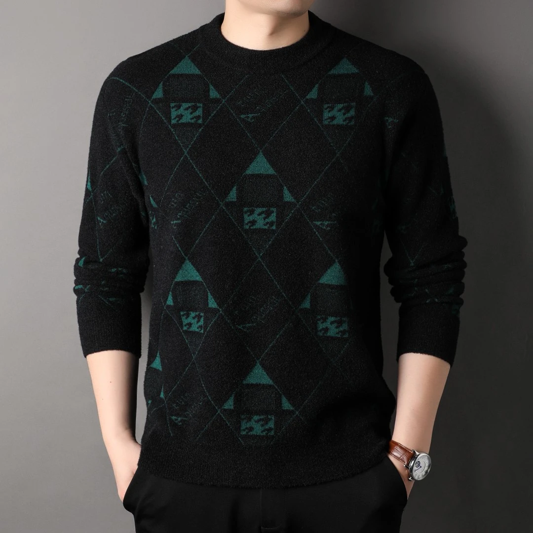 吉酷羊冬季保暖加厚男士中青年格子印花针织衫圆领长袖宽松毛衣男