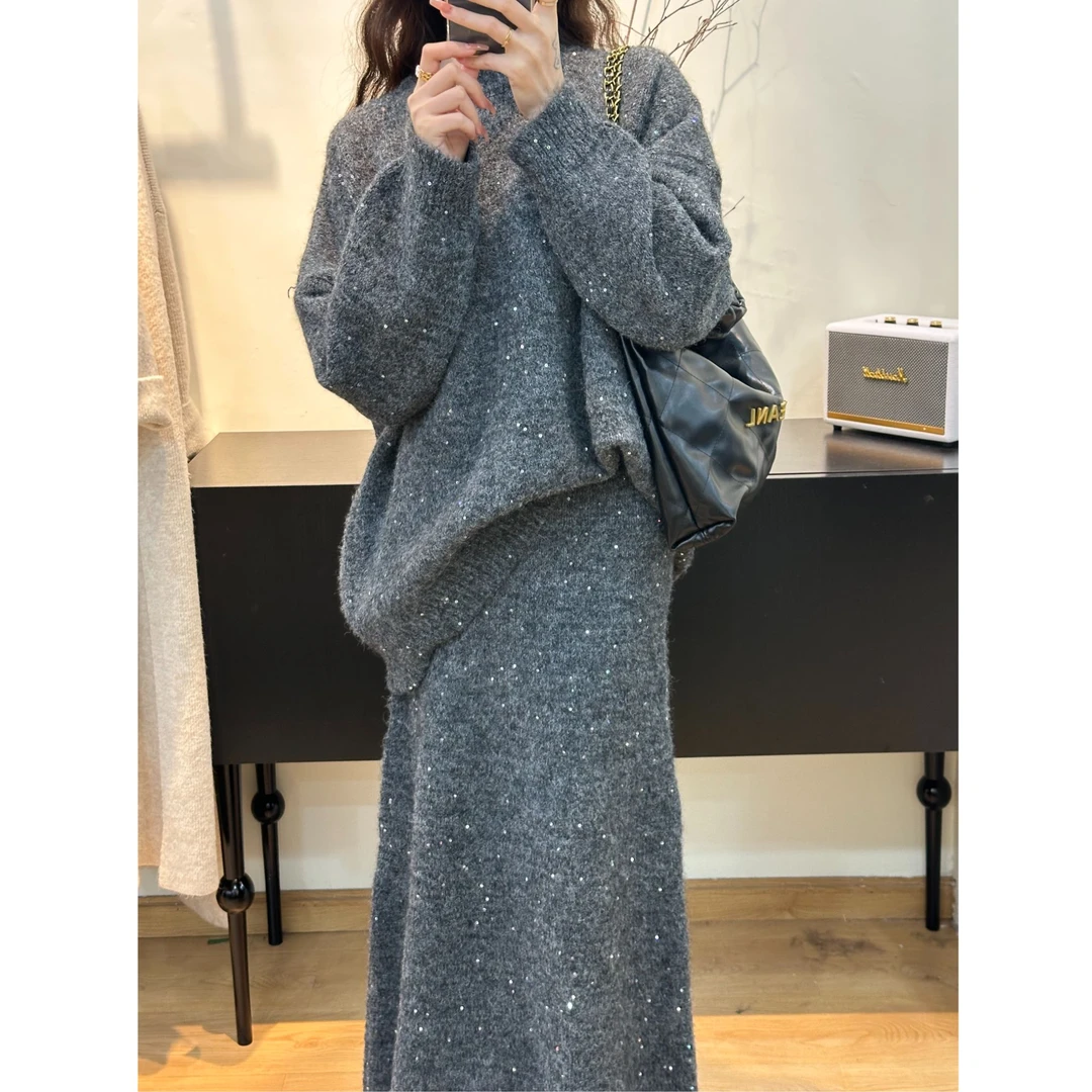 日系慵懒风软糯闪闪毛衣松紧腰鱼尾长裙两件套简约松弛针织套装女