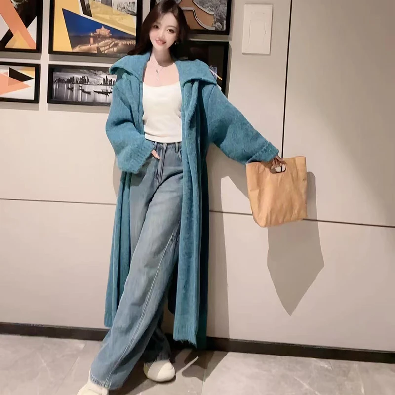 翻领韩版毛衣针织开衫外套女2024秋冬加厚长款气质系带针织开衫