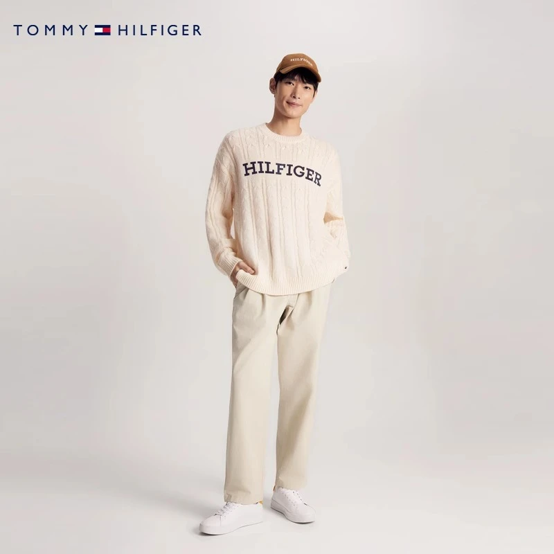 Tommy 新款男女羊毛混纺字母绞花圆领宽松针织毛衣33082