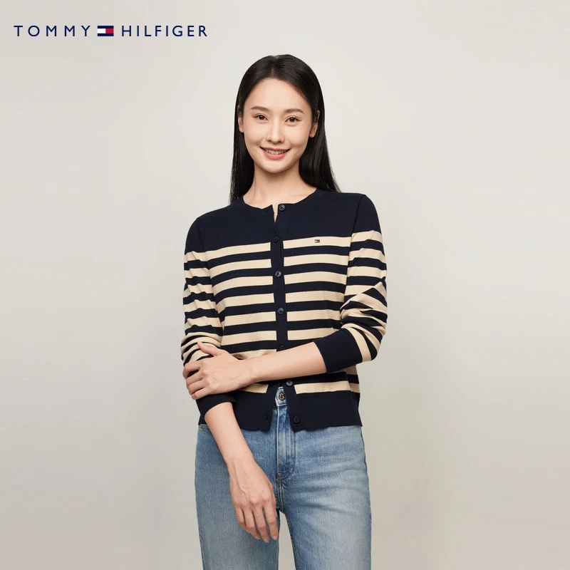 Tommy25秋冬女装优雅通勤休闲纯色条纹纽扣圆领针织开衫外套42370