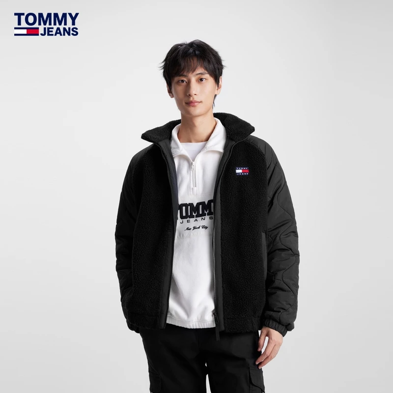 Tommy新款秋冬男装仿羊羔绒铺棉拼接刺绣宽松夹克外套17236