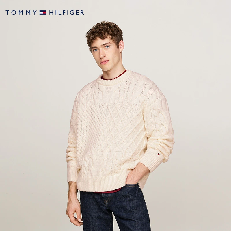 Tommy秋冬男羊毛混纺绞花肌理美式慵懒风圆领宽松针织衫毛衣36546