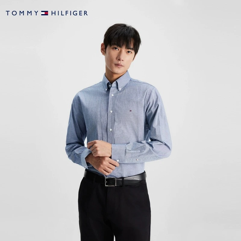 Tommy夏季男装牛津纺简约绣标纯色商务正装白色长袖衬衫外套33479