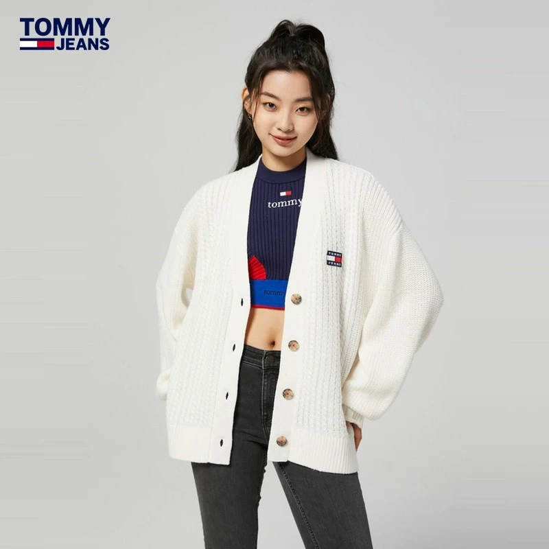 Tommy 女复古刺绣纽扣绞花宽松针织开衫毛衣外套DW0DW14957