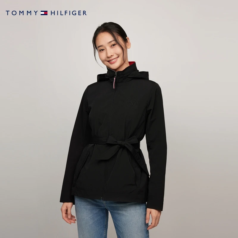 【拼色立领】Tommy秋冬女装收腰刺绣拼色立领连帽夹克外套76J4936