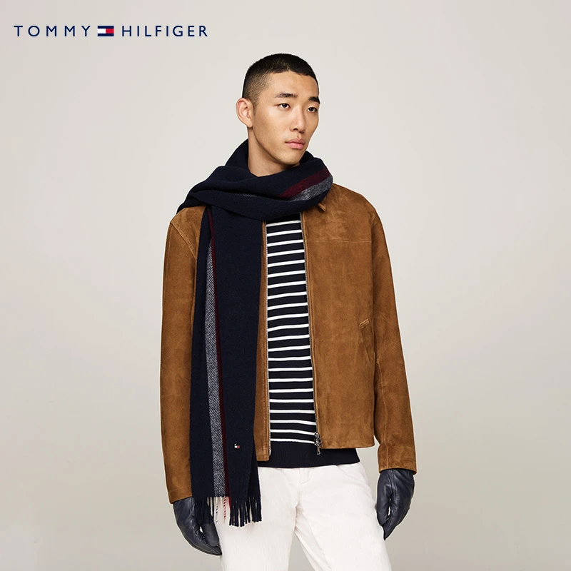 Tommy男装通勤羊皮革手套拼色流苏羊毛围巾套装13143