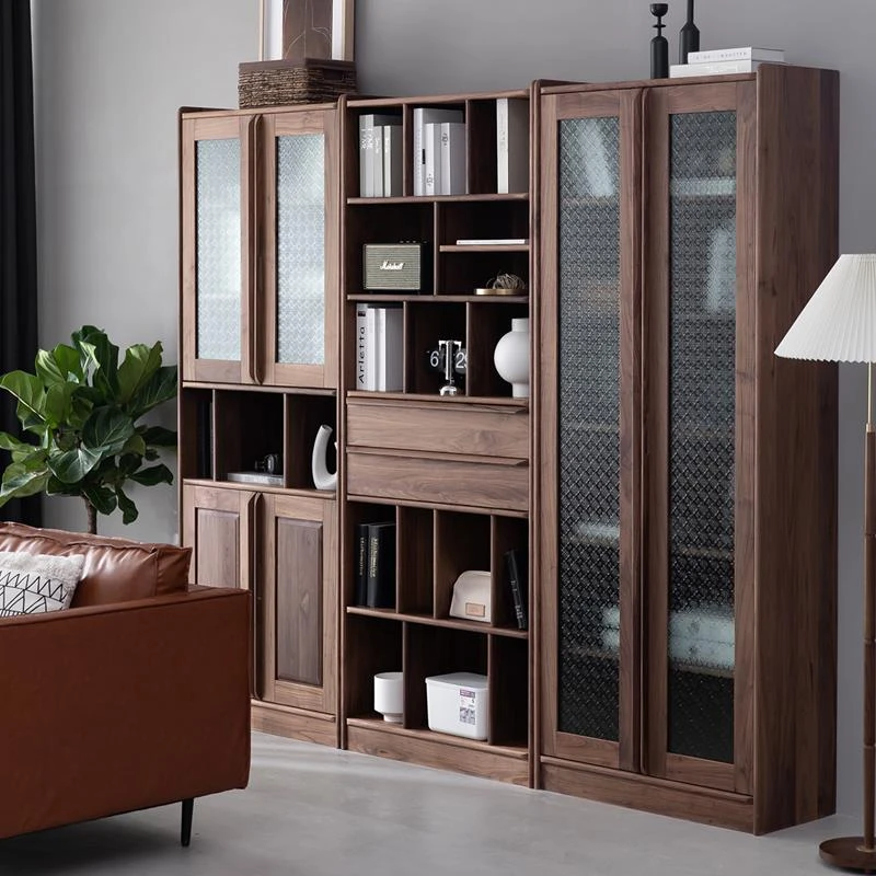 北美黑胡桃木落地书柜全实木现代简约玻璃门组合书橱满墙定制酒柜