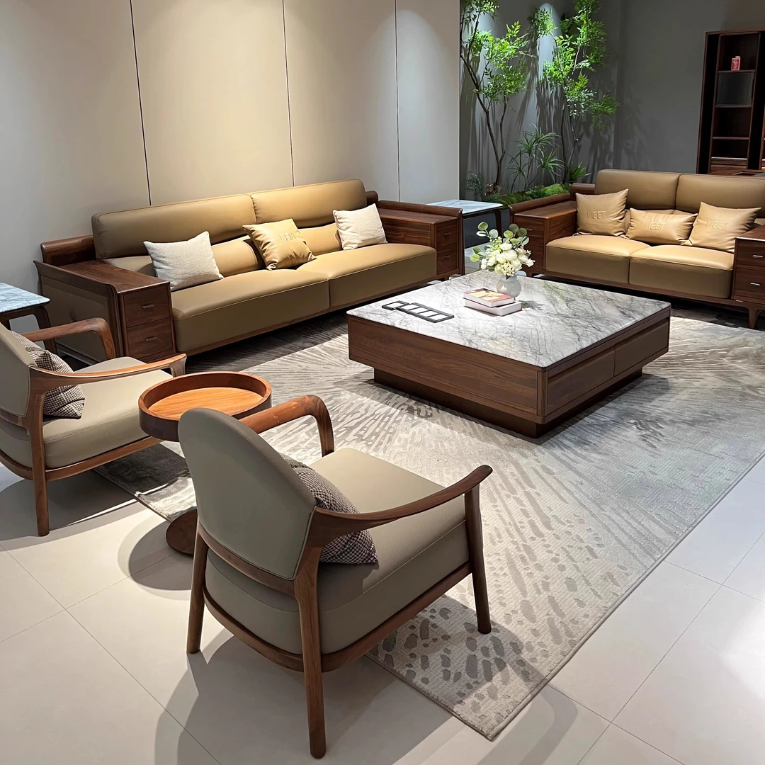 新中式北美黑胡桃木客厅沙发现代简约白蜡木三人位2024年新款家具