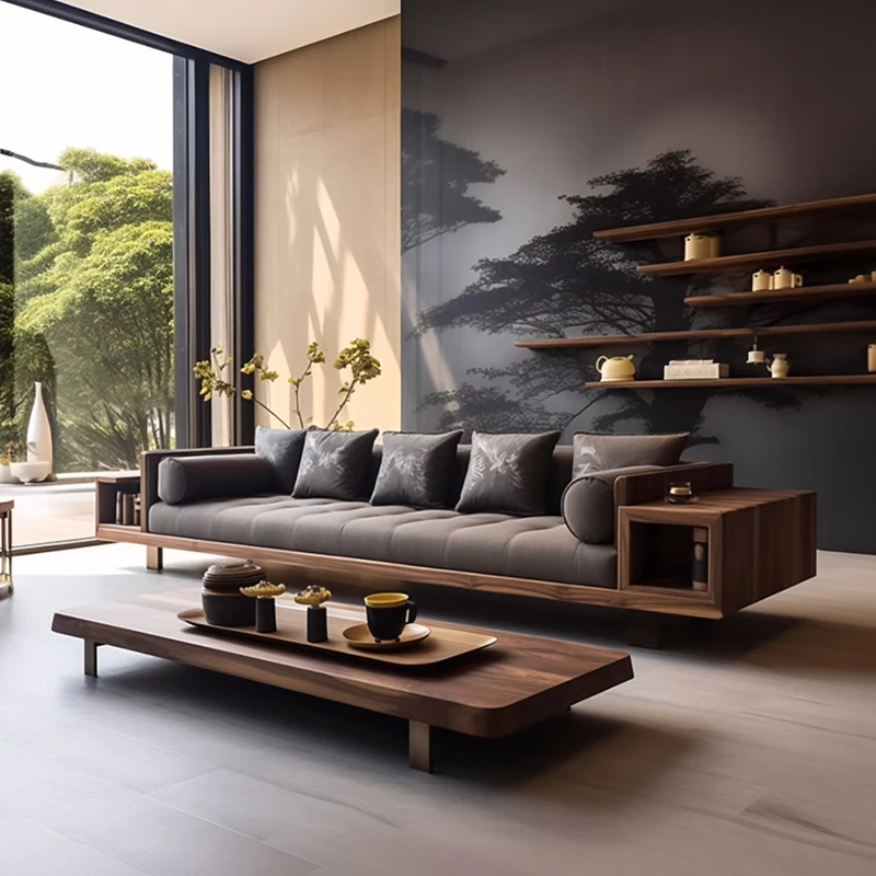 新中式胡桃木直排沙发客厅2024新款高端实木三四人位真皮皮艺沙发