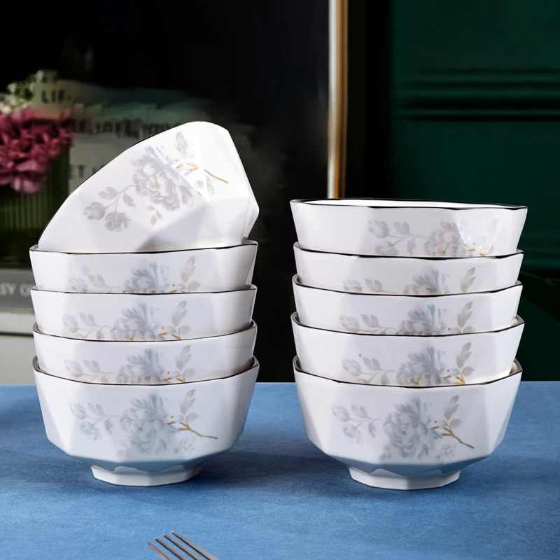 10只4.5英寸瓷花溢彩钻石碗家用颜值陶瓷餐具米饭碗小碗陶瓷碗